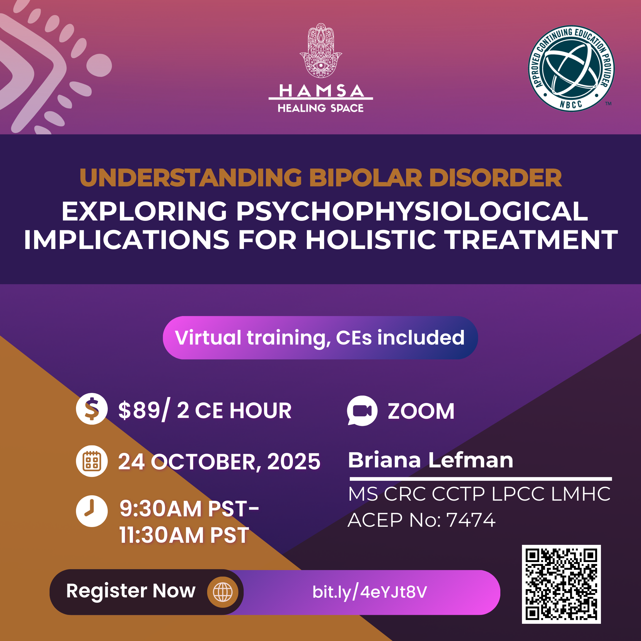 A Graphic for a WEBINAR ON BIPOLAR DISORDER by Briana Lefman at Hamsa Healing Space