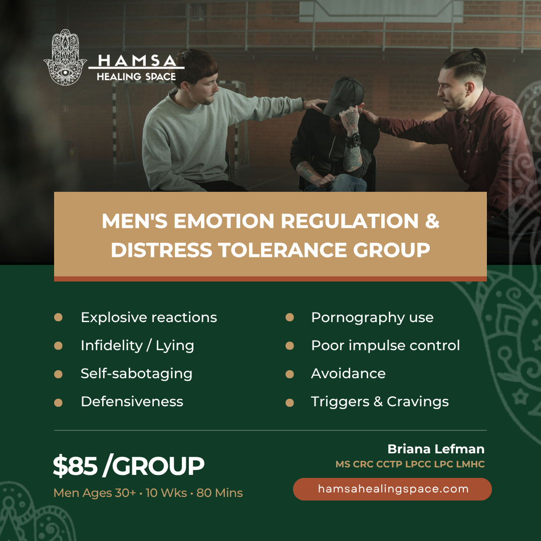 Men’s emotion regulation and distress tolerance therapy group for men ages 30 and older.